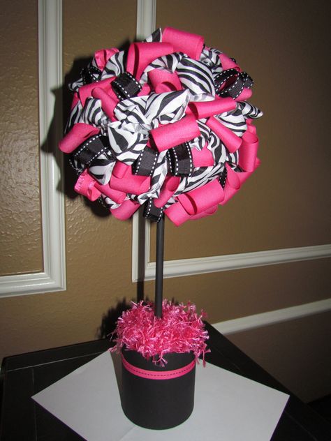 Zebra Centerpieces, Ribbon Topiary, Monster High Party, Pink Holiday, Barbie Birthday, Bday Girl, Printed Ribbon, Minnie Mouse Birthday, Party Centerpieces