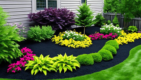 Transform your outdoor space with stylish black mulch backyard landscaping ideas that enhance aesthetics and plant health. Get inspired now! Black Landscaping, Front Yard Landscaping With Black Mulch, Landscape Ideas With Black Mulch, Landscape Ideas Black Mulch, Tree Ring Landscape, Garden With Black Mulch, Pine Needle Mulch Landscaping, Colorful Landscaping, Front Lawn Landscaping