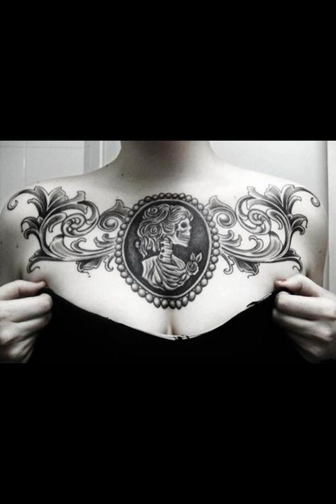 Beautiful cameo tattoo Cameo Chest Tattoo, Womens Chest Piece Tattoo, Ancestors Tattoo, Gothic Chest Tattoo, Cameo Tattoo, Catrina Tattoo, Astronaut Tattoo, Pieces Tattoo, Chest Tattoos