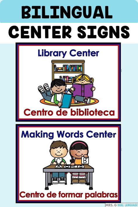 Bilingual classroom decor. Center or station posters for the bilingual English-Spanish or Dual Language Classroom for your back to school classroom decor. English words are in blue and Spanish words are in red, for those following the Gomez & Gomez model. It includes 31 center signs to label your learning stations and cards for the pocket chart. Bilingual Centers Dual Language, Spanish Displays Classroom, 1st Grade Bilingual Classroom, Bilingual Classroom Decor Dual Language, Elementary Spanish Classroom Decor, Gomez And Gomez Dual Language Classroom, Bilingual Kindergarten Classroom, Preschool Reading Area, Bilingual Classroom Labels