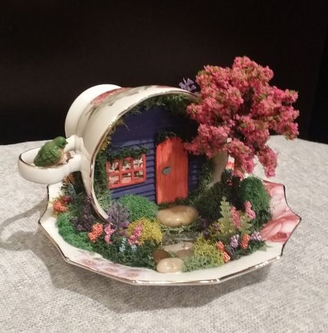 Teacup Garden, Fairy Garden in Cup & Saucer, Miniature Garden, Handcrafted by Cardinal on the Mantel Teacup Fairy Gardens, Tea Cup Miniature Garden, Tea Cup Fairy House, Clay Tea Cups Diy, Teacup Fairy House, Tea Cup Upcycle Ideas, Tea Cup Crafts Diy, Fairy Garden Crafts Diy, Old Tea Cups Ideas