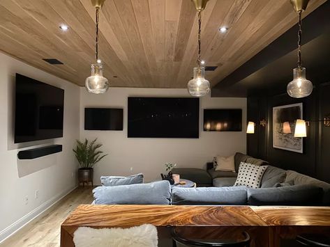 16 Man Caves That Aren't Just For Men Man Cave Lounge, Karaoke Room, Media Room Design, Credenza Design, Basement Windows, Wood Accent Wall, Just For Men, Space Interiors, Room Design Ideas