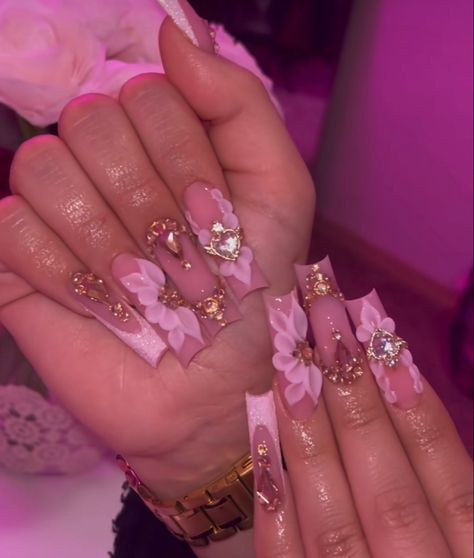 Pink Quince Nails, Nails Quince, Buchona Nails, Gem Placement, Quince Nails, Nail Extensions Acrylic, Quince Themes, Quinceanera Nails, Pink Quince