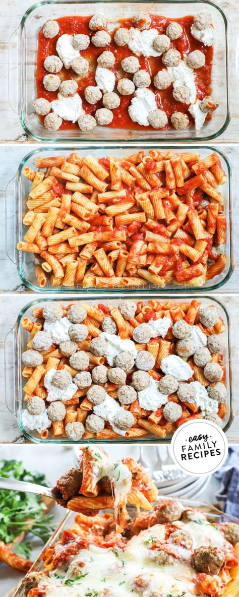 Pasta Bake Casserole, Meatball Pasta Casserole, Meatball Pasta Bake Recipes, Casserole For A Crowd, Meatball Pasta Recipes, Easy Casserole Recipe, Meatball Pasta Bake, Meatball Casserole Recipe, Baked Pasta Casserole