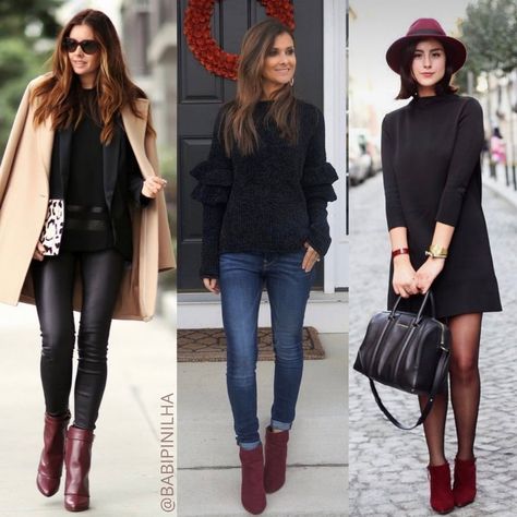 Bordo Boots Outfit, Maroon Ankle Boots Outfit, Burgandy Boot Outfit Winter, Burgundy Boots Outfit Women, Outfit Botas Vino, Outfits With Burgundy Boots, Burgundy Boots Outfit Ankle, Maroon Boots Outfit Winter, Red Booties Outfit Winter