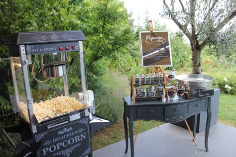 Outdoor Popcorn Bar, Popcorn Cart For Wedding, Popcorn Machine At Wedding, Popcorn Stand Wedding, Popcorn And Pretzel Bar Wedding, Popcorn Cart Wedding, Popcorn At Wedding, Popcorn Machine Wedding, Wedding Popcorn Machine