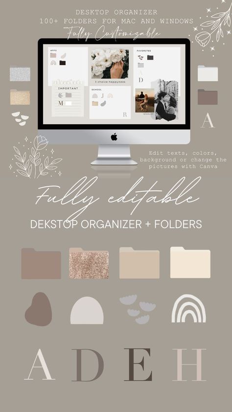 After so many request here is my newest fully editable Desktop Wallpaper Organizer. This boho and minimalist wallpaper organizer will change the whole look of your computer or notebook. The template is fully editable with the free Canva, which is available in desktop, iPad or phone version. Canva Desktop Wallpaper Organizer, Teacher Ipad Wallpaper, Free Desktop Organizer Wallpaper, Free Desktop Wallpaper Organizer, Imac Wallpaper Aesthetic, Macbook Wallpaper Organizer, Macbook Organization, Boho Desktop Wallpaper, Ipad Themes