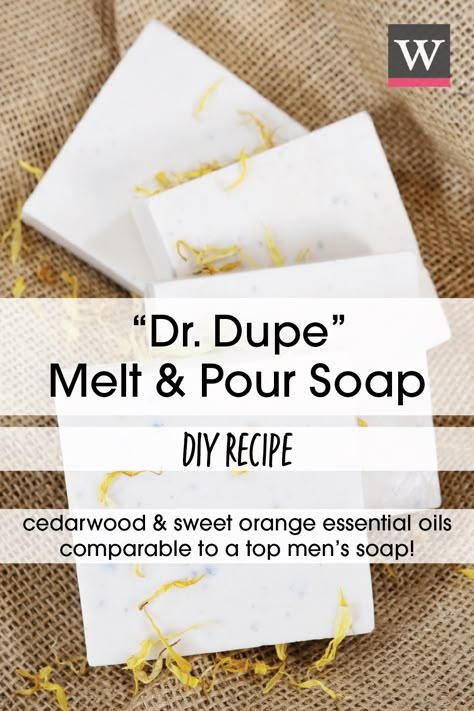 Our “Dr. Dupe Melt & Pour Soap” is inspired by Dr. Squatch’s nature-loving machismo and subtle aromas. Subtle Cedarwood and Sweet Orange hover like a woodland breeze. Activated Charcoal and Sea Salt exfoliate while channeling both fire and water into every scrub. Our Premium Oatmeal Soap MP Base contains real oatmeal, the perfect remedy to moisturize and relieve nagging itches. Melt And Pour Soap For Sensitive Skin, Diy Melt And Pour Soap Recipes For Men, Soap For Men Melt And Pour, Diy Dr Squatch Soap Recipe, Diy Dr Squatch Soap, Melt And Pour Soap For Men, Dr Squatch Soap, Mens Soap Recipe Melt And Pour, Mens Melt And Pour Soap Recipe