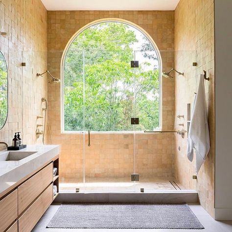 Zia Tile on Instagram: “This earthy terra cotta shower from @igworkshopinteriors is a VIBE ⚡️⚡️⚡️ Recently featured in @dominomag — our Unglazed Natural 4x4…” Bright White Paint, Aesthetic Bathroom Decor, Wrought Iron Staircase, Arch Window, Iron Staircase, Window In Shower, Custom Headboard, Master Shower, Foam Panels