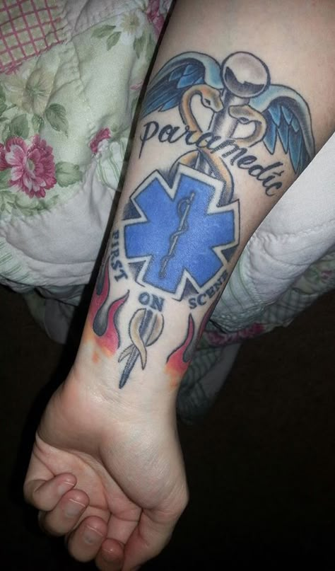 For all my paramedic friends Paramedic Tattoos Men, Paramedic Tattoo Ideas, Firefighting Tattoos, Paramedic Tattoo, Medical Alert Tattoo, Medical Tattoos, Caduceus Tattoo, Fighter Tattoos, Hand Tattoo Images