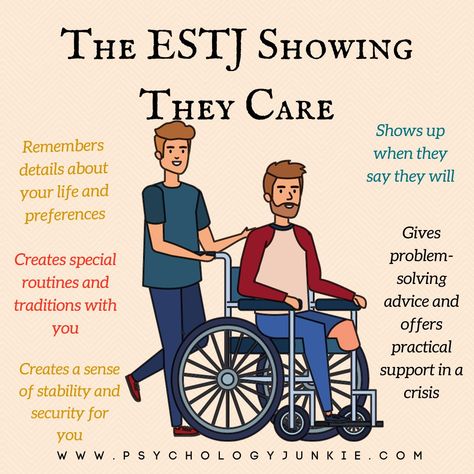 ESTJs show they care by being loyal regardless of what life hurls someone’s way. These are not fickle individuals and they are rarely fair-weather friends. They’ll be there for you when you’re having a good day and when your car breaks down on the side of the road. For ESTJs, meaningful relationships are focused on commitment and responsibility. They take care of what needs to be taken care of and will work tirelessly for the people they love. #ESTJ #ESTJpersonality #MBTI #Typology #Personality Estj Relationship, Estj Personality, Estj Mbti, Estj Relationships, Enfp Relationships, 5 Love Languages, Feeling Trapped, Myers Briggs Personalities, Myers Briggs Personality Types