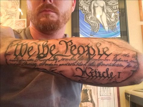 My latest addition. Bandana Mike is the man! Constitution Tattoo, Constitution Tattoo Sleeve, We The People Tattoo Design, We The People Tattoo Forearm, Don’t Tread On Me Tattoos, We The People Tattoo, American Flag We The People Tattoo, Celtic Cross Tattoo For Men, Harley Tattoos