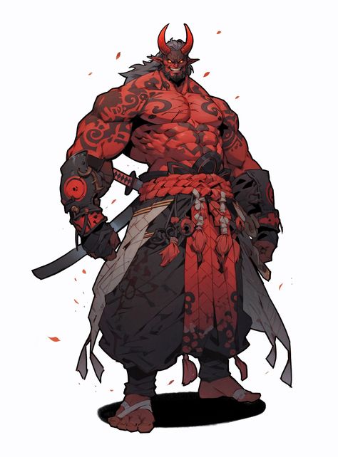 "Oni" by Max Slavsky Barbarian Male Character Art, Four Armed Character Concept Art, Demon Barbarian, Oni Concept Art, Dnd Character Design Ideas, Aztec Demon, Red Character Design, Oni Character Design Male, Monster Character Design