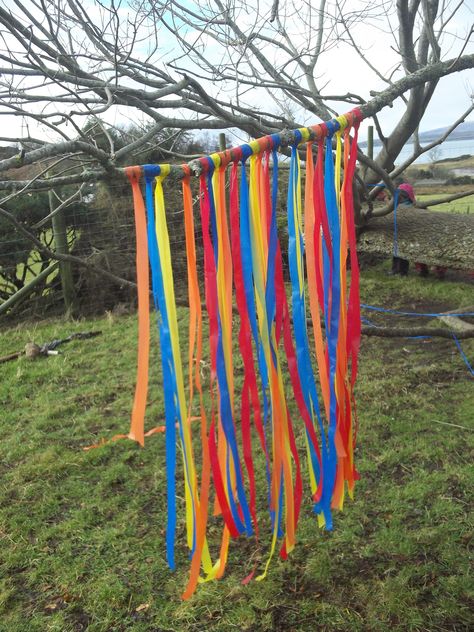 Forest Schools, Ribbon Chandelier, Xmas Games, Tin Can Art, Outdoor Birthday, Forest School, Pentecost, Picnic Party, Colorful Curtains