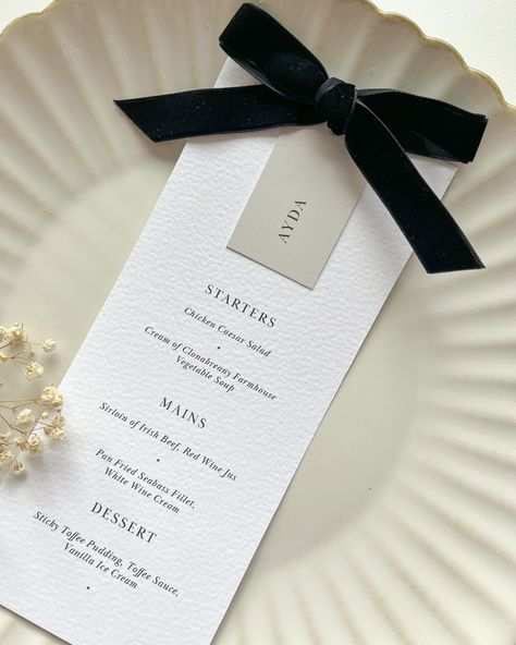 Our new Ayda Menus ✨ Add some luxury to your wedding meal with our bespoke menus, tailored to your theme ! #weddinginspiration #weddingideas #weddingdecor #weddingseason #weddingsireland #weddingsupplierireland #irishweddingsuppliers #irishbride #bridetobe #weddingmenu Bow Menu Wedding, Wedding Menu With Bow, Timeless Wedding Theme, Wedding Menu Ideas, Black And White Wedding Theme, White Wedding Theme, Dubai Wedding, Vintage Menu, Christmas Dinner Party