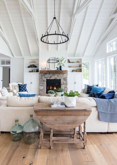 Lake house living room blue and white decor Lake House Living Room Decor, Lake House Living, Lake House Living Room, House Living Room, Coastal Living Rooms, Blue Living Room, Natural Home Decor, Living Room Flooring, Cool Ideas