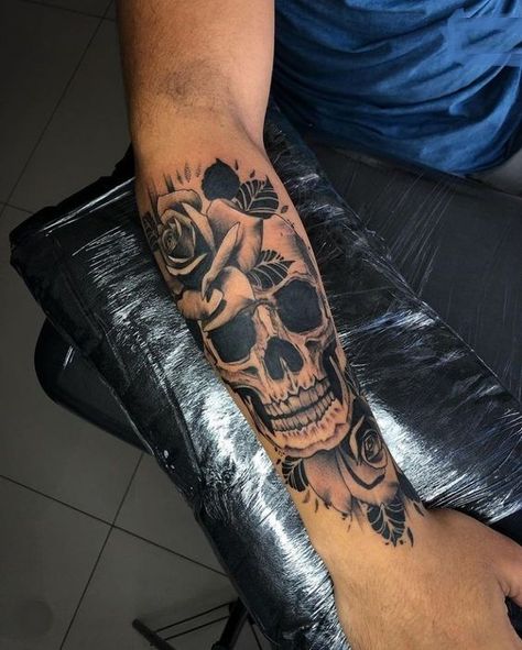 Forearm Skull Tattoos For Guys, Skull Tattoos For Men Forearm, Sleeve Skull Tattoo, Flower Tattoos Men, Arm Tattoo Men Forearm, Skull Tattoo Sleeve, Tattoos For Boys, Forearm Tattoos For Men, Colored Tattoos