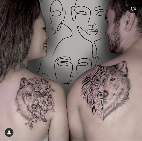 Wolf tattoo realisem tattoo 
Wolf tattoo idea for couple Couples Tattoos Big, Rustic Couple Tattoo, Light And Dark Couple Tattoos, Couples Shoulder Tattoos, Matching Shoulder Tattoos Couple, Wolf And Angel Tattoo, Native American Couple Tattoos, Large Couple Tattoos, Couple Wolf Tattoo Ideas