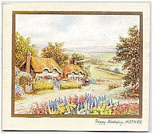 Lovely!  WWII Era Birthday Card for Mother Birthday Card For Mother, Card For Mother, Birthday Cards For Mother, Woodland Floral, Floral Landscape, English Cottage Garden, Acrylic Gouache, Thatched Cottage, Old Cottage