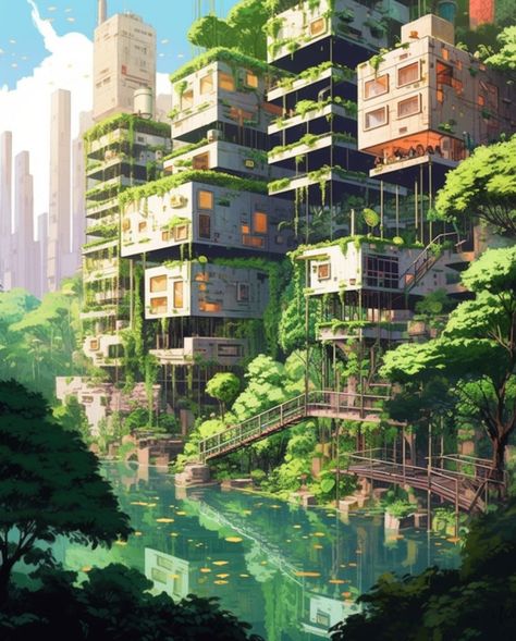 Bio Punk City, Overgrown Cyberpunk City, Over Grown City, Overgrown City Aesthetic, Overgrown Cyberpunk, Solar Punk Minecraft, Nature City Aesthetic, Solar Punk Art, Biopunk City