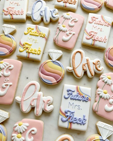 Retro Bridal Shower Cookies, Groovy Bridal Shower Cookies, Groovy Bachelorette Cookies, Dazed And Engaged Cookies, Bach Cookies, Groovy Wedding, Wedding Cookies Decorated, Bride Cookies, Retro Bridal Showers