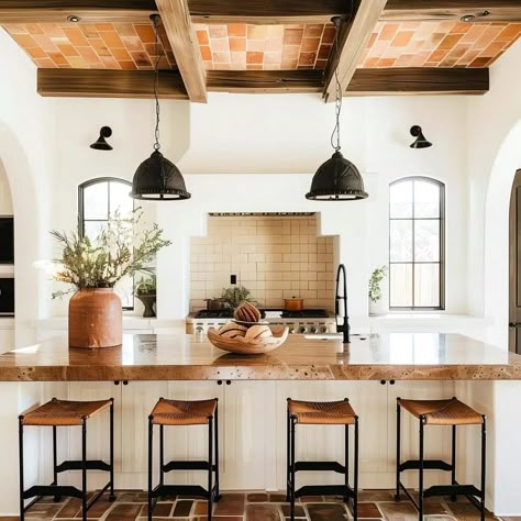 Adobe Kitchen Design, Spanish Mission Style Kitchen, Santa Barbara Kitchen Style, Spanish Influence Kitchen, Spain Kitchen Spanish Style, Mediterranean Farmhouse Kitchen, Modern Ranch Style Homes Interior Decor Kitchen, Spanish Colonial Revival Kitchen, Modern Southwest Kitchen