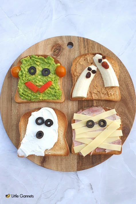 Smashed avocado Franken-Toast, Ghastly Banana Ghosts, Spooky Cream Cheese ghosts and ham and cheese mummies! Halloween Food With Kids, Easter Themed Food For Kids, Halloween For Kids Food, Halloween Healthy Recipes, Halloween Toast Ideas, Halloween Toddler Breakfast, Halloween Avocado Toast, Cheese Halloween Snacks, Cute Halloween Breakfast Ideas