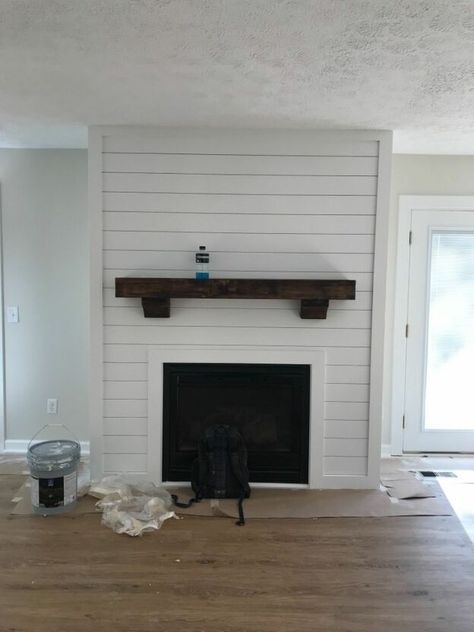 Rustic Lounge, Diy Shiplap Fireplace, Fireplace Redo, Wood Mantel, Brick Fireplace Makeover, Shiplap Fireplace, Diy Shiplap, Farmhouse Fireplace, Faux Fireplace