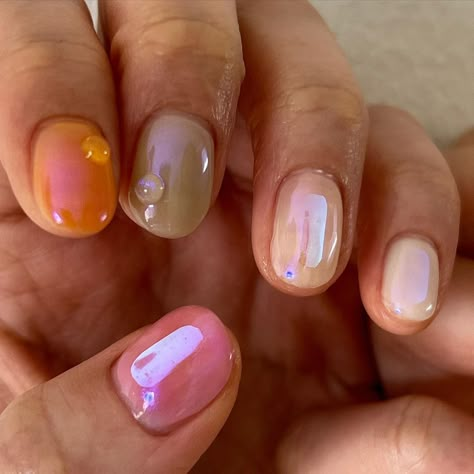 Korean Abstract Nails, Multicolor Short Nails, Pale Pink Pedicure Toenails, Spring Jelly Nails, Round Gel Nails Short, Very Short Nails Design, Gel On Natural Nails Short, Name On Nails, Simple Gel Nail Art