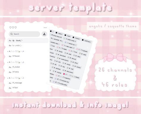 🌸 INFORMATIONS 🌸 Read for some informations! ♡  This server template includes: - 26 channels (2 voice channels) - 46 roles, including: staff roles, level roles, worker roles, reaction roles, extra roles which your members can get by being active / gain currency - an angelic / coquette server theme - all permissions are already set up 🌸 INSTANT DOWNLOAD 🌸 After your purchase you will receive a jpg (image) containing the server template link, instructions on how to use the template and some ro Coquette Discord Server, Discord Reaction Roles, Coquette Discord, Discord Server Banner, Discord Server Template, Discord Server Role Ideas, Discord Template, Angelic Coquette, Group Roles