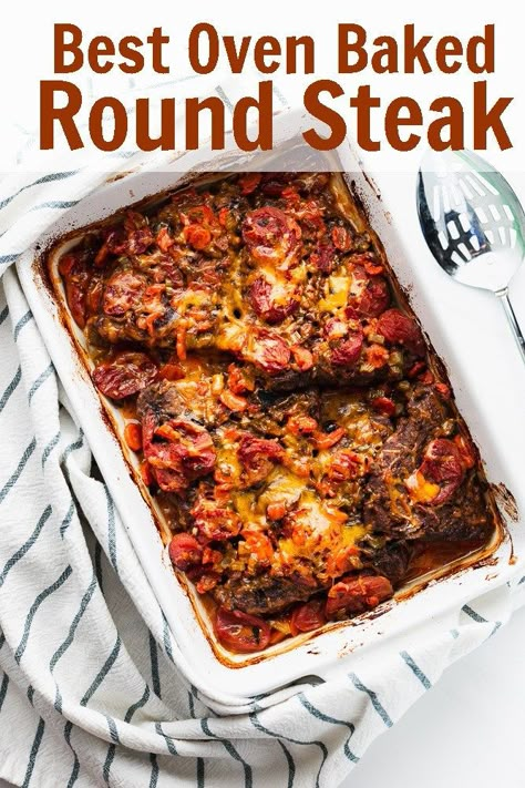 Oven baked round steak is the perfect comfort food for this fall. The fifteen minutes of prep is even more comforting during this busy time of year!  #3scoopsofsugar #steak #bakedsteak #comfortfood Oven Baked Round Steak, Tenderized Round Steak Recipes, Top Round Steak Recipes, Round Steak Recipe, Tenderized Round Steak, Oven Baked Steak, Steak In The Oven, Top Round Steak, Round Steak Recipes