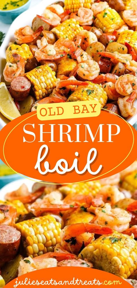 Out of weeknight dinner ideas? You have to try this seafood recipe for dinner! Old Bay Shrimp Boil Recipe Try is a mixture of corn on the cob pieces, shrimp, smoked sausage, and baby potatoes. Save this pin! Southern Living Shrimp Boil, Shrimp Boil In Turkey Fryer, Steamed Shrimp And Potatoes, Shrimp Boil On The Grill In Foil Pan, Shrimp Boil Baked In Oven, Country Low Boil Recipes, Lo Country Boil Recipes, Shrimp Boil Oven Bake, Shrimp Corn Sausage Potatoes Boil In Oven