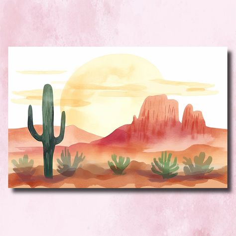 Experience the enchanting beauty of southwest decor with our Minimalist Sonoran Desert Sunset Cactus Wall Art Print. This captivating watercolor desert wall art showcases the iconic Sonoran desert landscape, featuring a majestic Saguaro cactus against a breathtaking sunset backdrop. With its vibrant colors and intricate details, this artwork captures the essence of the Southwest and brings a touch of nature-inspired beauty to your space. Perfect as an Arizona Poster gift or for adding a Southwestern Decor Canvas Print to your home, this sunset art is a true gem. Embrace the allure of the desert with our Desert Saguaro Cactus Sunset Wall Art Print and infuse your space with the warmth and spirit of the Southwest. Enhance your western decor with this stunning piece that celebrates the beauty Watercolor Arizona Landscape, Desert Watercolor Paintings, Watercolor Sunsets, Sonoran Desert Landscape, Arizona Poster, Desert Watercolor, Sunset Cactus, Southwestern Landscape, Cactus Sunset