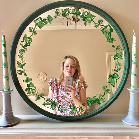 My new Garland of Ivy mirror is made in England and hand painted by yours truly.  A reflection (*groan) of all my usual nostalgic themes and fantasies, think chintzy wallpapered country houses of the Eighties, Lady Di in her Liberty blouse + lemon sherbet dungarees and Jilly Cooper novels all summer long.  Available made to order through my site. . .  #mirrormirroronthewall #alicethroughthelookingglass #whoisthefairestofthemall #chintz #ivy #islasimpsondesign Glass Painting On Mirror, Mirror Frame Painting, Diy Mirror Painting Ideas, Diy Painted Mirror, Painted Mirror Frame, Mirror Painting Ideas, Jilly Cooper, Painting Mirror Frames, Painted Mirrors