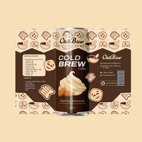 Cold Brew Coffee Can Label Design for - Chillbrew This design perfectly balances essential information with visual appeal, featuring a warm, inviting color palette and playful coffee-themed icons. Swipe to see the more and let me know what you think! If you're looking for innovative and eye-catching packaging design, let's collaborate! #labeldesign #graphicdesign #packagingdesign #branding #logodesign #drinks #sodadrinks #can #drinklabel #label #canlabel #soda #packaging #coffee #coffedri... Can Coffee Packaging, Coffee Can Packaging Design, Coffee Can Packaging, Canned Coffee Packaging, Soda Can Design Packaging, Drink Branding Design, Cold Drink Packaging, Coffee Label Packaging, Coffee Drink Packaging