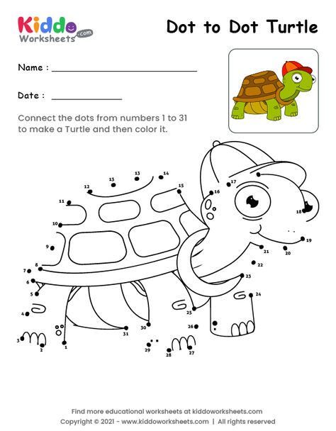 Free Printable Dot to Dot Turtle Worksheet - kiddoworksheets Turtle Worksheet, Joining Dots, Turtle Activities, Dotted Drawings, Dot Worksheets, Animated Animals, Dotted Page, Connect The Dots, Dotted Line