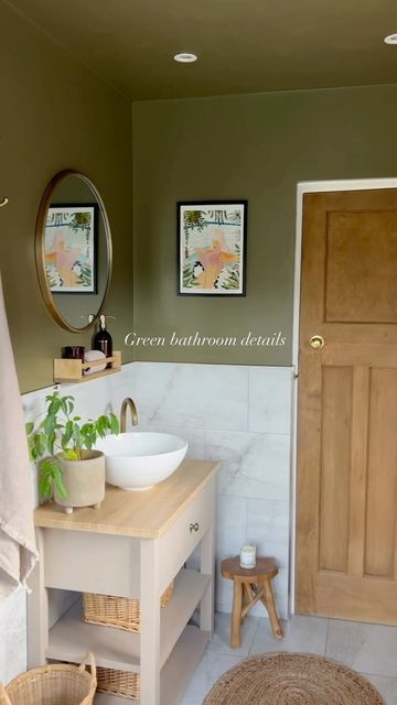 Abbey Brown - DIY | Reno | Upcycles | Styling on Instagram: "Bathroom details… Green & wood details will forever be my favourite! If you have followed along for a while you know that I’m planning a bathroom makeover well more of an update as much as we love it we are having a few issues with the tiles! But we have made a decision to keep the bath the way it is and replace everything else! I have a design in my head and I need to get it out 🤣 it’s sounds awful when I write it down so I definitely need to show you the mood board🤣 I’m thinking off white microcement over the tiles keep the green but refresh it. Terracotta brick or tiled floor, old traditional style taps and shower, wood features as they are but add a wood ceiling beam. And I still need to decide the sink… sounds awful doesn’ White Microcement, Green And Brown Bathroom, Arizona Room, Terracotta Brick, Earthy Bathroom, Terracotta And Green, Bathroom Details, Instagram Bathroom, Tiled Floor