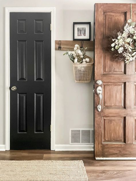 Faux Wood Painted Front Door: How Does it Look 3 Years Later? • Emily Rone Home Inside Front Door Decor, Entryway Paint Colors, Inside Front Door, Faux Wood Paint, Glass Storm Doors, Red Shutters, White Front Door, Wood Front Doors, Wooden Front Doors