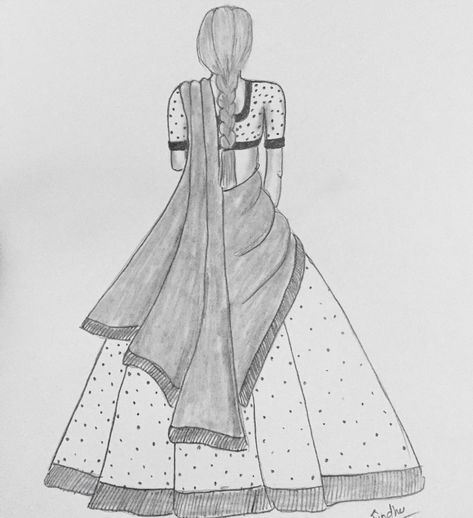 Click the link for step by step video #pencilart#howtodrawthegirl#Indianattire#Indiangirl#Ethnicwear#pencilsketch#pencildrawing#stepbystep#howtodraw#dailyart#dialychallenge#easyart Fashion Illustration Front And Back, Pattu Half Saree, Tracing Design, Girl With Butterfly, Front Mehndi, Sketch Tattoos, Heart Diagram, Rajasthani Painting, Front Mehndi Design