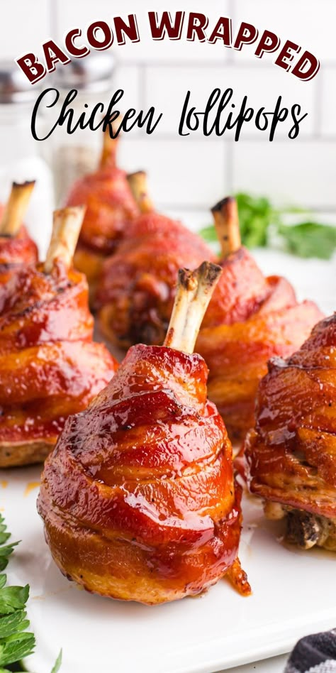 Bacon Wrapped Chicken Drumsticks, Chicken Lollypop Recipes, Lolly Pop Chicken, Chicken Pops, Bacon Wrapped Chicken Legs Oven, Drumstick Chicken Lolipop Recipes, Chicken Lolipop Recipes, Grilled Chicken Wrapped In Bacon, Chicken Drumstick Lollipop Recipes