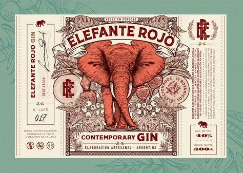 Red elephant is a gin that symbolizes loyalty, family and good luck, with a friendly and warm character, represented by the gray giant. Elephant Packaging Design, Liquor Packaging Design, Lon Bia, Typography Packaging, Red Elephant, Alcohol Packaging, Bottle Label Design, Fun Halloween Decor, Vintage Packaging