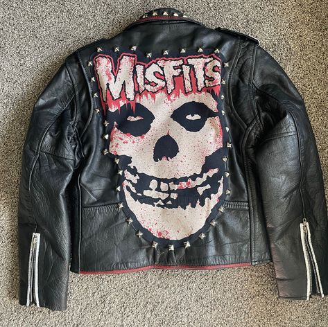 Hello and welcome. The whole point of my shop is to take someone else's "trash" or overlooked items, and bring them back to life with my own brand of flair.  This listing is for an Upcycled vintage leather jacket. From what I can tell this jacket has had quite the life. It was made in the US, and from the date I can see on the original tag looks like it was from the 90's. I sourced this from a resale in Kuala Lumpur Malaysia. Jacket lining is in excellent condition.  Size 40 Height 24.25 in Widt Painted Battle Jacket, Punk Leather Jacket Diy, Misfits Jacket, Clothes Upcycling Ideas, Metal Leather Jacket, Diy Punk Clothes, Diy Leather Jacket, 2000s Goth, Punk Leather Jacket