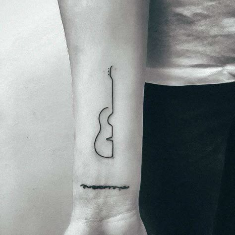 Tiny Guitar Tattoo, Fine Line Guitar Tattoo, Ukulele Tattoo, Guitar Tattoos, Musical Tattoos, Small Music Tattoos, Golden Tattoo, Wrist Tattoos Words, Guitar Tattoo Design