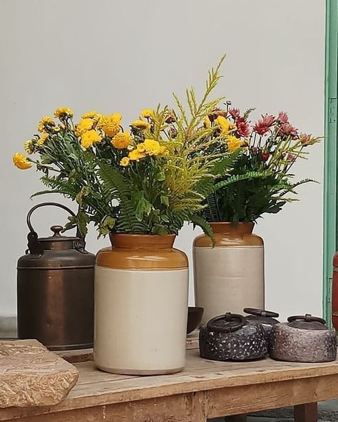 Serendipity Delhi on Instagram: “Around the store...changing up the interior styling set-up with old vintage Barni (pickle) jars as vases, stone artifacts and more for some…” Old Pickle Jars Diy Ideas, Pickle Jar Crafts, Jar Decorating Ideas, Global Decor, Pickle Jar, Old Vases, Jar Decor, Pickle Jars, Jar Diy