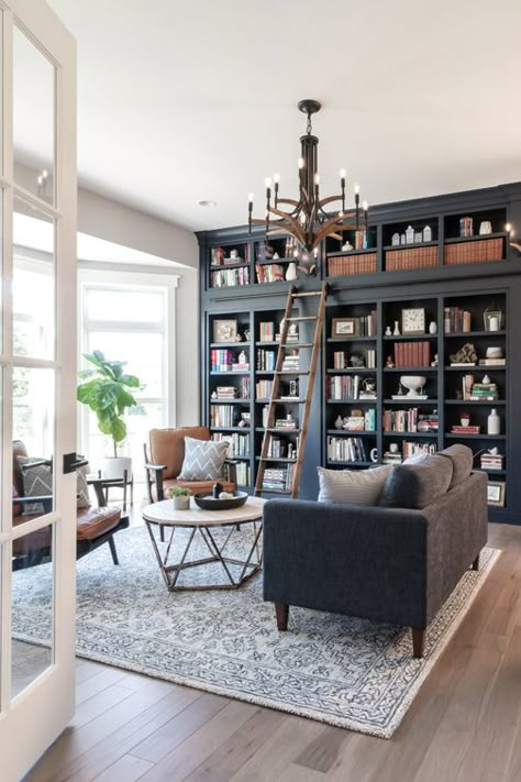 Front Room Study, Apartment Bookshelves Living Room, Study Light Fixture, Transitional Library Room, Formal Library Living Room, Home Library Entryway, Front Room Bookshelves, Family Room With Bookcases, Library Room Farmhouse