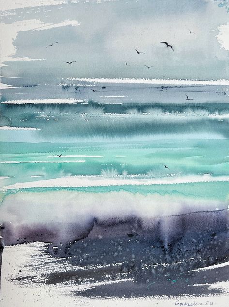 Abstract Sea Painting Original Watercolor, Nordic Seascape, Ocean Wave Wall Art, Contemporary Home Wall Decor, Gift - Etsy UK Abstract Art Sea, Big Watercolour Painting, Seaside Watercolour, Watercolour Seascapes, Sea Watercolor Painting, Watercolor Art Blue, Abstract Seascape Paintings, Ocean Abstract Art, Watercolor Seascapes