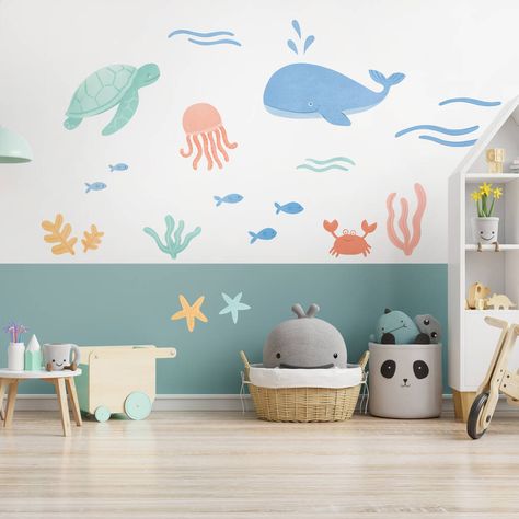 Sea Kids Room, Sea Bedrooms, Ocean Nursery Decor, Sea Nursery, Ocean Nursery, Childrens Wall Stickers, A Whale, Toddler Bedrooms, Wall Stickers Kids