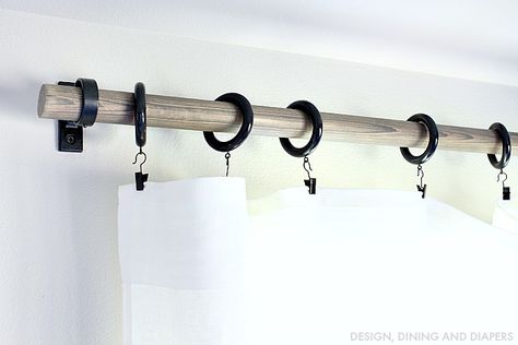 DIY Rustic Curtain Rods Using Wood Dowels Farmhouse Curtain Rods, Rustic Curtain Rods, Pipe Curtain Rods, Wooden Curtain Rods, Long Curtain Rods, Wood Curtain Rods, Kitchen Window Valances, Diy Curtain Rods, Homemade Curtains