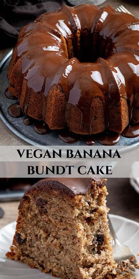 Vegan banana bundt cake - this easy vegan banana cake topped with chocolate glaze is soft, moist and utterly delicious.

It is a great alternative to banana bread when you want an impressive looking cake with very little effort! Vegan Banana Cake Recipe, Vegan Bundt Cake Recipes, Gf Banana Cake, Banana Bundt Cake Recipes, Dairy Free Banana Cake, Vegan Bundt Cake, Banana Cake Vegan, Vegan Banana Cake, Vegan Gluten Free Banana Bread