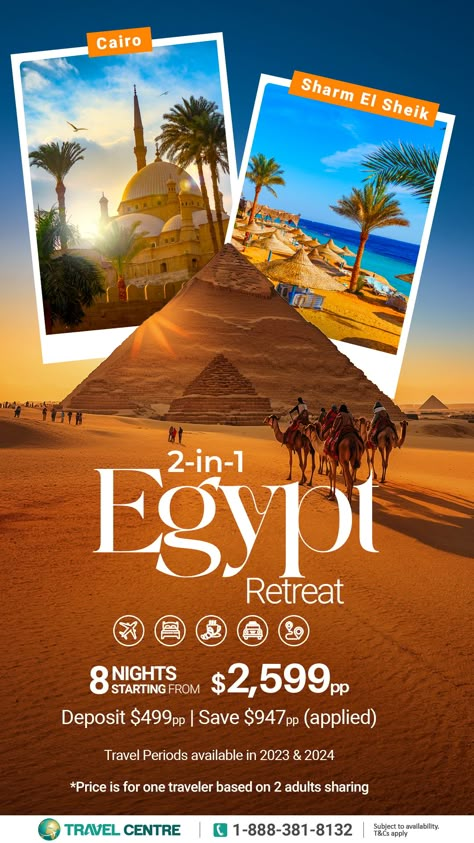 2-in-1 #Egypt Retreat: Experience #Cairo & Sharm El Sheikh Together. All-Inclusive basis at Sharm El Sheikh. FREE round-trip airport transfers throughout. For more info: 1-888-381-8132 #sharmelsheikh #desertsafari #pyramids Tour And Travel Poster, Travel Design Ideas, Trip Poster, Egypt Itinerary, Tourism Advertising, Egypt Tourism, Sharm El Sheikh Egypt, Travel Advertising Design, Study Abroad Travel